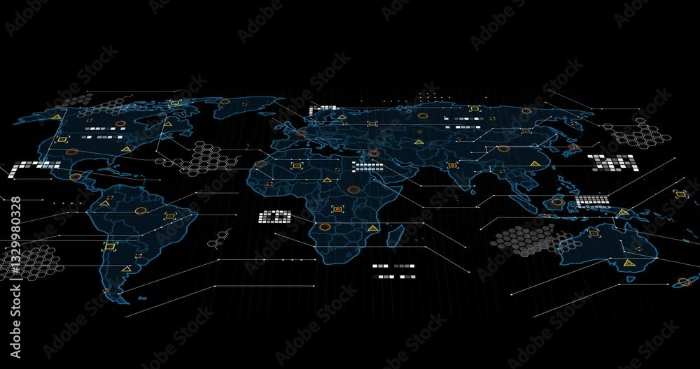 Poster showing animation of digital world map with data points on black background