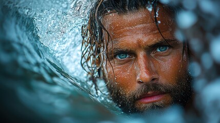 Man emerges from ocean waves, intense gaze