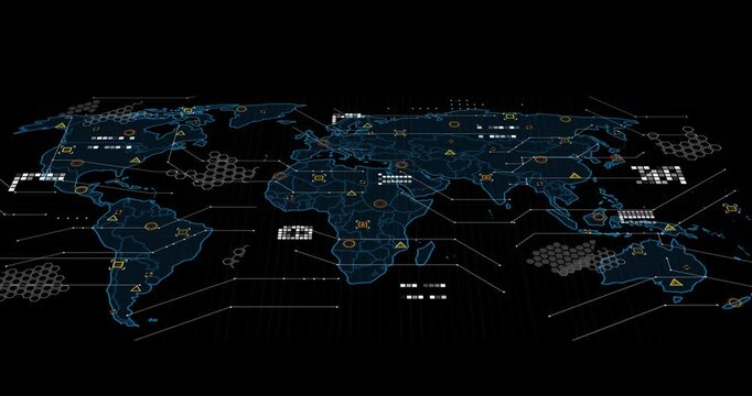 Showing animation of digital world map with data points on black background