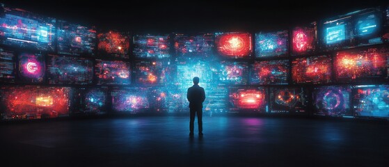 Fototapeta premium Surrounded by Data: A Man Contemplates Digital Information Overload