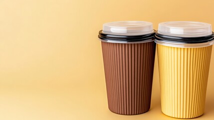 Two brown and yellow disposable coffee cups with plastic lids positioned together for takeaway beverage convenience