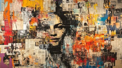 Naklejka premium Intense Woman Portrait in Vibrant Collage Artwork