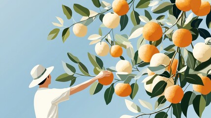 Young Farmer Carefully Picking Ripe Oranges from Lush Tree Under a Bright Blue Sky