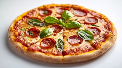 Delicious pepperoni pizza decorated with fresh basil leaves on white background