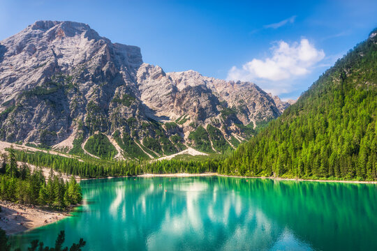 Pragser Wildsee and Dolomites mountains. South Tyrol, Italy
