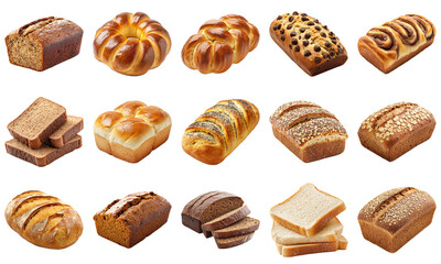 Assortment of Freshly Baked Bread Varieties Displaying Diverse Shapes and Textures Including Rolls, Loaves, and Sweet Breads on a White Background. Piquant food set.