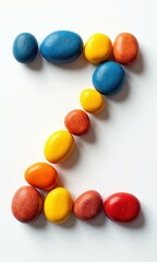 A creative and colorful number or letter designed with smooth, glossy stones in vibrant hues. The artistic typography combines polished pebbles and bright, candy-like elements.