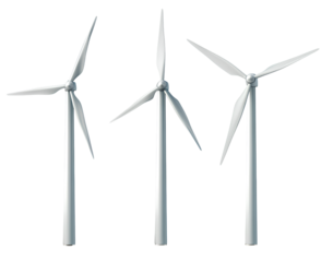 3 wind turbines, isolated on a transparent background, PNG file