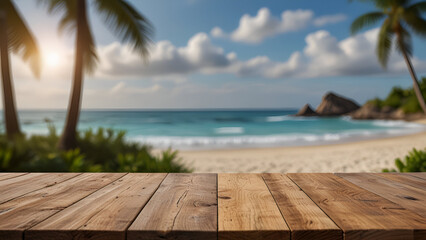 Serene Tropical Beach Scene with Wooden Deck Palm Trees Calm Ocean and Warm Sunrise or Sunset Glow