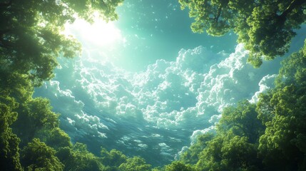 Naklejka premium Sunlight shining through canopy of trees onto beautiful cloudscape