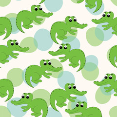 Animal seamless pattern with cartoon crocodiles on color background. Cute holiday illustration with crocodile for baby. Design for invitation, poster, card, fabric, textile, wrapper.