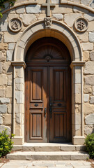 Fototapeta premium Gothic style arched wooden door with carved elements on a Christian church facade.