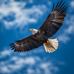 Fototapeta premium Majestic bald eagle in flight against a vibrant blue sky.