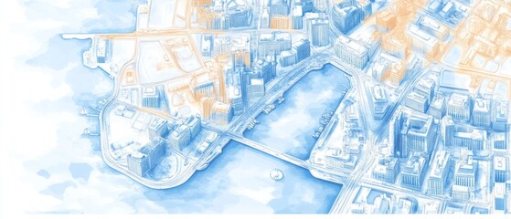 Obraz premium Aerial Watercolor Cityscape: A Tranquil Blue and Orange Urban Panorama