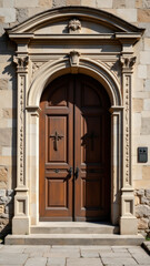 Obraz premium Grand arched wooden door with inscriptions above it.