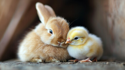 Soft bunny and chick cuddle together in a cozy environment