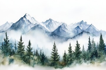 Fototapeta premium Serene watercolor of snow-capped mountains and evergreen trees