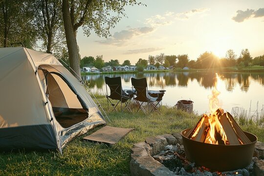Peaceful Lakeside Camping Scene with Tent and Campfire at Sunset by the Water