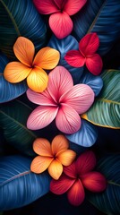 Colorful plumeria flowers blooming on tropical leaves