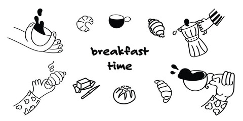 Breakfast Time Illustration Person Relaxing with Coffee and Croissants, Pretzels, Toasts. Great for café menus, packaging, digital or print designs,  social media, and cozy café branding.