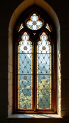 Fototapeta premium Stained glass window with Gothic design elements, showcasing Christian motifs and vibrant colors, set within a stone wall, illuminated by natural light.