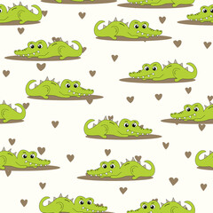 Animal seamless pattern with cartoon crocodiles on color background. Cute holiday illustration with crocodile for baby. Design for invitation, poster, card, fabric, textile, wrapper.