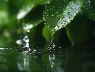 Dewdrop Falling, Green Leaf, Nature, Still