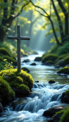 Fototapeta premium A tranquil woodland scene featuring a wooden cross beside a rushing stream surrounded by lush greenery, symbolizing faith amidst nature's beauty.