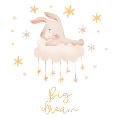 Little bunny sleeps on star, watercolor hand drawn beige illustration;   isolated background. Bedroom poster, big dream inscription. Hand drawn cartoon poster