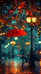 Obraz premium Street lamp and red umbrella in rain at night