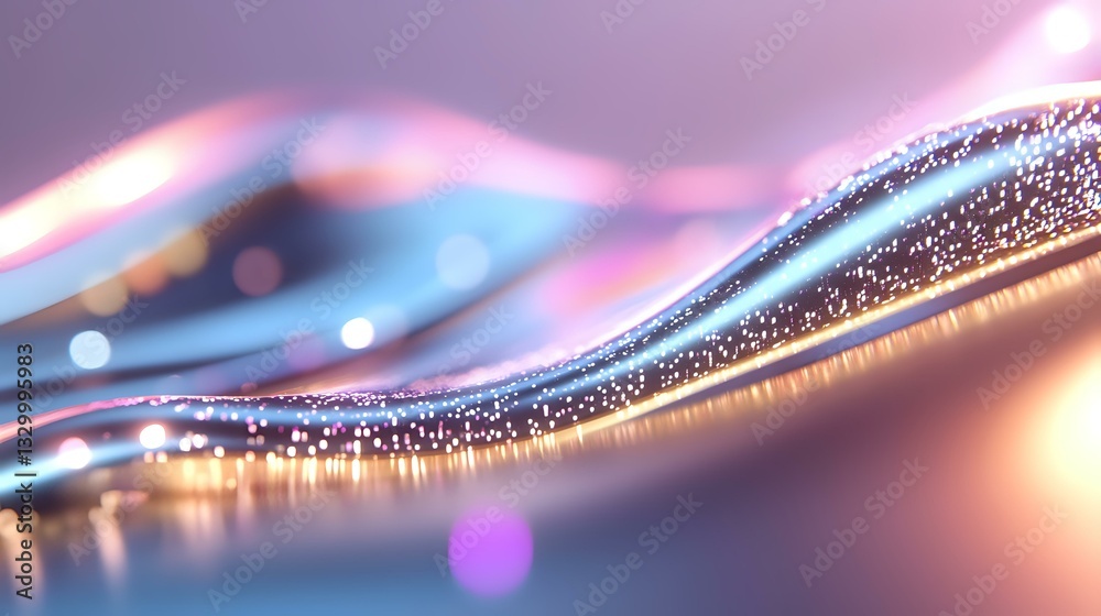 Poster flowing abstract waves with glitter sparkles in pink and blue colors create magical light effect on 
