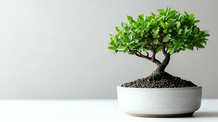Small bonsai tree with bright green leaves in white ceramic pot against light gray background, minimalist zen garden composition for interior design.