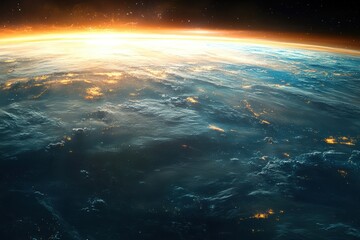 Fototapeta premium 地球の大気圏上部から見る夕焼けの輝きと都市の明かり