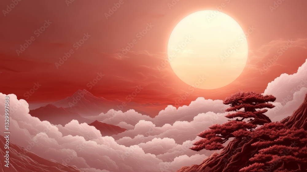 Poster red and orange sky with a large sun and a mountain range in the background. the sky is filled with c
