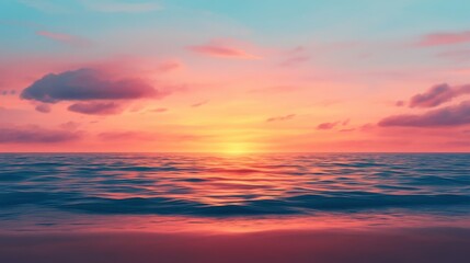 Fototapeta premium A tranquil seascape with a calm ocean stretching to the horizon, bathed in warm golden light. An image that represents serenity and a relaxing atmosphere, perfect for various uses.