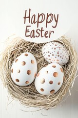 Obraz premium A postcard banner wishing a happy Easter, featuring golden eggs nestled in straw on a white background