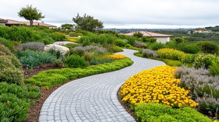Obraz premium Winding Stone Pathway Through a Vibrant Hillside Garden
