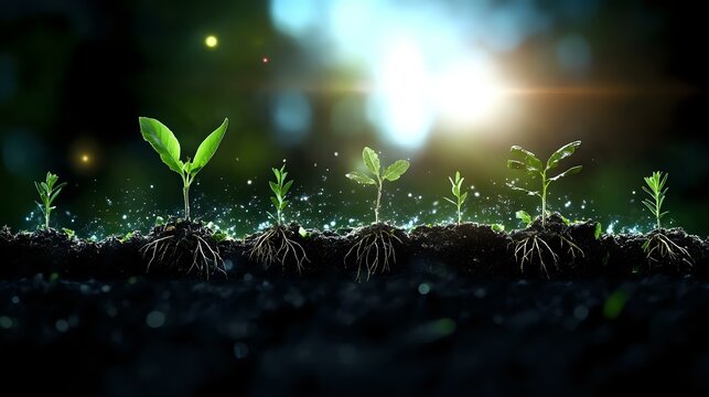 Young green seedlings growing in soil with visible roots, illuminated by magical bokeh lights against dark background, showing plant growth stages and development process.
