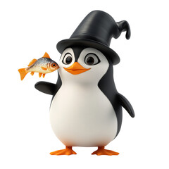 Obraz premium Playful 3D Cartoon Penguin Magician with Fish Isolated on Transparent Background