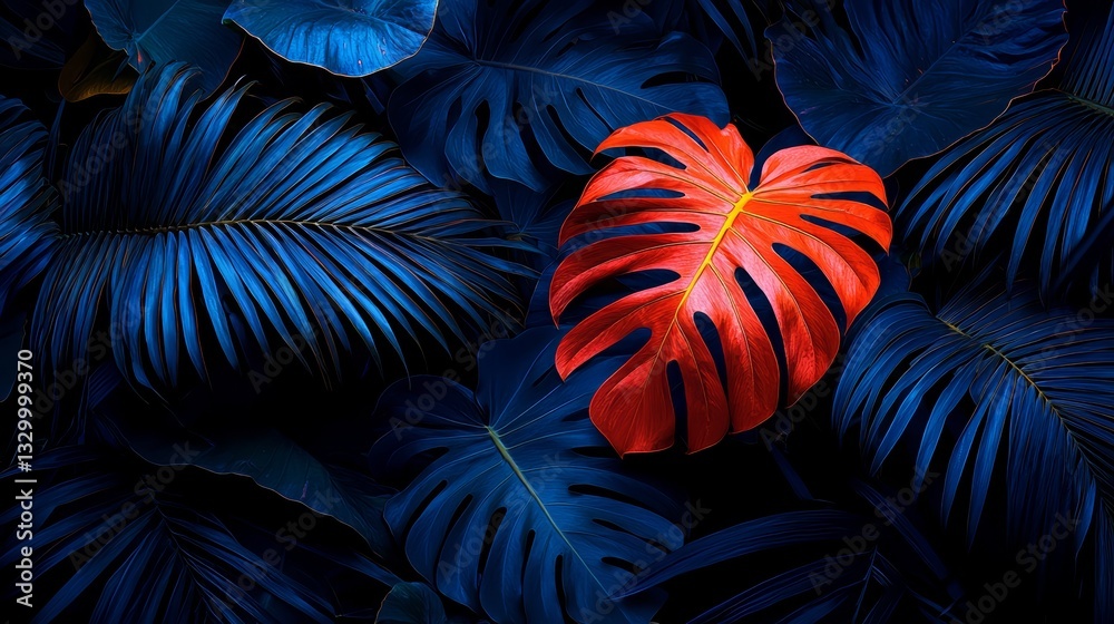 Poster Red leaf is surrounded by blue leaves. The leaf is the only red object in the image