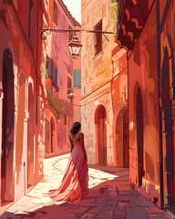 Naklejka premium Sunlit Passage: Woman in Flowing Dress on Historic European Street