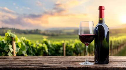 Fototapeta premium Wine Glass and Bottle with Scenic Vineyard Landscape at Sunset