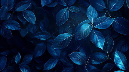 Abstract dark blue glowing leaves wallpaper digital art nature enigmatic atmosphere close-up view. Enigmatic Glimmer. Illustration