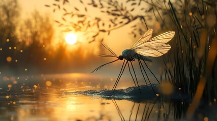 Mosquito at Sunrise over Calm Water