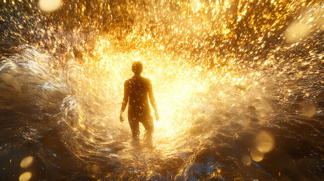 Abstract vision of figure immersed in a torrent of golden light. Enigmatic Glimmer. Illustration