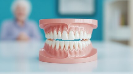 The right to dental care for the elderly. Government support for dental treatment. Oral and gum health care. A dental model with an elderly person in the background.