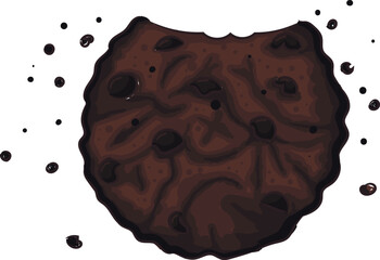 Hand drawn chocolate bitten cookie with chocolate drops and crumbs
