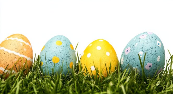 A Happy Easter template featuring a collection of painted easter eggs on green grass with a transparent background - Powered by Adobe