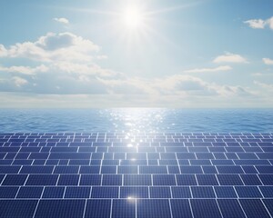 Futuristic floating solar farm harnessing renewable energy on the vast ocean, with sunlight reflecting off sleek panels, creating a modern, sustainable vibe—ideal for eco-projects or green campaigns.