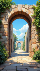 Obraz premium Medieval stone archway at entrance to Christian monastery with cloister walkway, mountainous background, and clear blue sky.